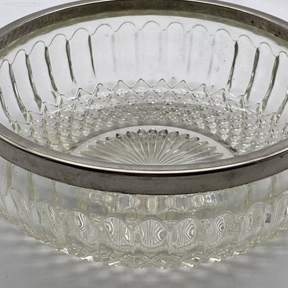 Vtg Cut Crystal Bowl 8 3/4” W Silver Plate Rim England Spike Diamond Design MCM - Picture 7 of 10